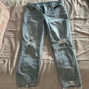 ripped denim high-rise ankle, cut jeans